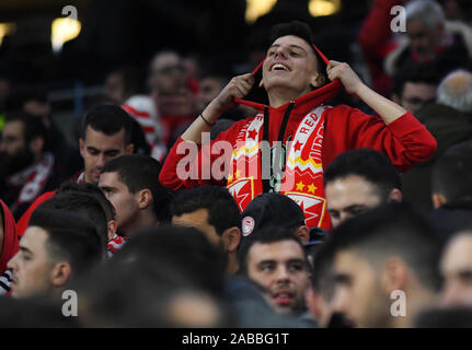 LONDON, ENGLAND - NOVEMBER 26, 2019: Olympiacos fan pictured during the 2019/20 UEFA Champions League Group B game between Tottenham Hotspur FC (England) and Olympiacos FC (Greece) at Tottenham Hotspur Stadium. Stock Photo