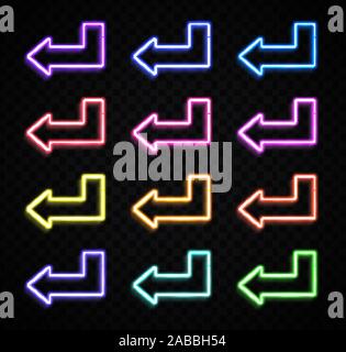 Neon 3d arrow pointer set on black background. Stock Vector