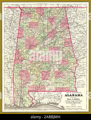 Antique restored reproduction at a map of the state of Alabama used in the Alabama State Gazetteer and Business Directory, 1884-85. Stock Photo