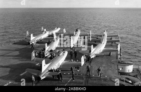 The Royal Navy's first jet fighter the Supermarine Attacker embarked on the aircraft carrier HMS Eagle Stock Photo