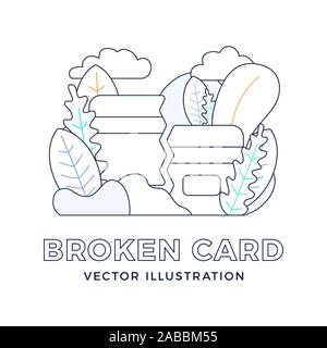 Broken Credit Card Vector stock illustration in outline style isolated on white. The concept of mobile banking and closing a bank account. Concept of Stock Vector