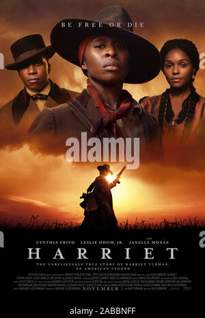 Harriet (2019) directed by Kasi Lemmons and starring Cynthia Erivo, Leslie Odom Jr., Joe Alwyn and Vanessa Bell Calloway. Biopic about the American abolitionist and political activist Harriet Tubman who escaped a life of slavery only to return to rescue around seventy other enslaved people using the Underground Railroad and again during the American Civil War where more than 750 slaves were rescued in the Combahee River Raid. Stock Photo