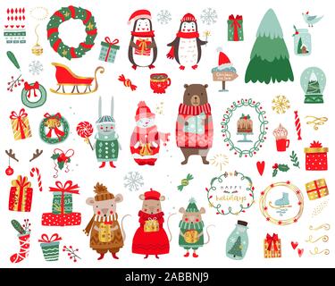 Christmas animals set with gifts and other decor. Vector winter holiday collection. Stock Vector