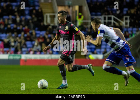 Reading, UK. 26th Nov, 2019. Jack Harrison of Leeds United goes past Chris Gunter of Reading. EFL Skybet championship match, Reading v Leeds Utd at the Madejski Stadium in Reading on Tuesday 26th November 2019. this image may only be used for Editorial purposes. Editorial use only, license required for commercial use. No use in betting, games or a single club/league/player publications. pic by Lewis Mitchell/Andrew Orchard sports photography/Alamy Live news Credit: Andrew Orchard sports photography/Alamy Live News Stock Photo