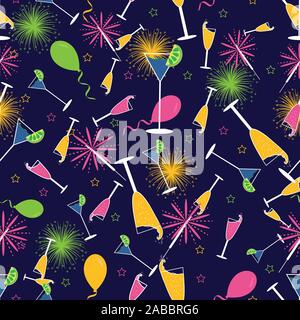 Cute party vector seamless pattern background with colourful drinks,fireworks and balloons. Stock Vector