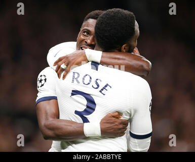 (191127) -- LONDON, Nov. 27, 2019 (Xinhua) -- Tottenham Hotspur's Serge Aurier (L) celebrates scoring with Danny Rose during the UEFA Champions League Group B match between Tottenham Hotspur and Olympiakos at the Tottenham Hotspur Stadium in London, Britain on Nov. 26, 2019.FOR EDITORIAL USE ONLY. NOT FOR SALE FOR MARKETING OR ADVERTISING CAMPAIGNS. NO USE WITH UNAUTHORIZED AUDIO, VIDEO, DATA, FIXTURE LISTS, CLUB/LEAGUE LOGOS OR 'LIVE' SERVICES. ONLINE IN-MATCH USE LIMITED TO 45 IMAGES, NO VIDEO EMULATION. NO USE IN BETTING, GAMES OR SINGLE CLUB/LEAGUE/PLAYER PUBLICATIONS. (Photo by Matthew Im Stock Photo