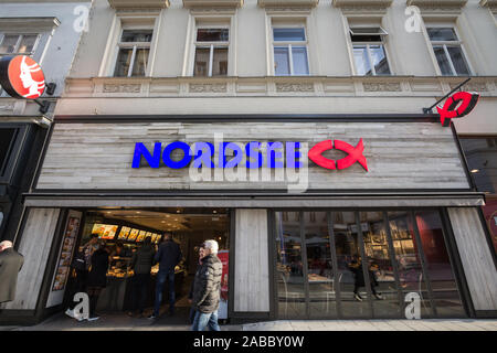 VIENNA, AUSTRIA - NOVEMBER 6, 2019: Nordsee logo on one of their restaurants in Vienna. Nordsee is a German chain of fast food restaurants specialized Stock Photo