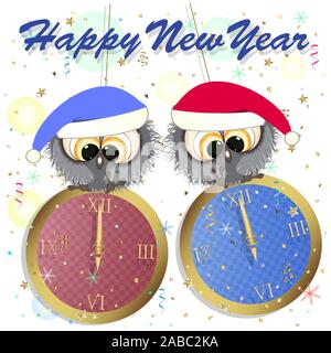 Happy new year greeting card with owls. vector illustration. Stock Vector