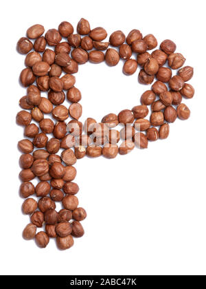 Letter P of the English alphabet from from hazelnut on a white isolated background. Food pattern made from nuts. Bright alphabet for shops. Stock Photo