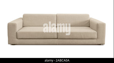 Front view beige couch on white. Stock Photo