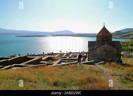 Surb Arakelots or Church of the Holy Apostles Facing Lake Sevan, Sevanavank Monastery in Armenia Stock Photo