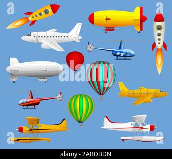 Set of different types of air transport. Airplanes, helicopters, balloons and zeppelins. Stock Vector