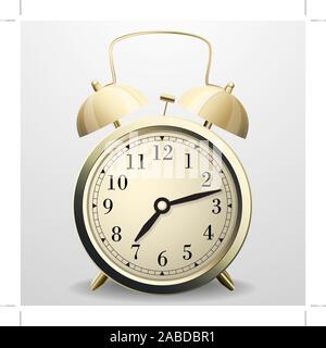 Alarm clock. Mechanical table clock with arrows, dial and metal bell percussion Stock Vector
