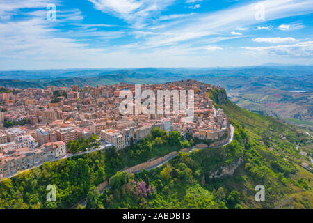 The town of Enna Italy Sicily on top of the hill, aerial view Stock Photo