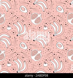 Seamless pattern with cute hand drawn fruits with leaves and dots on pink background. Apple, banana, pomegranate and avocado. Vector illustartion. Stock Vector