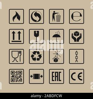 Packaging icons, package signs set. Vector illustration, flat design. Stock Vector