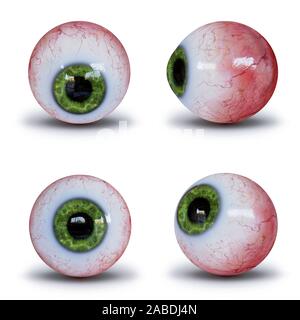 collection of human eyeballs with green iris isolated with shadow on white ground Stock Photo