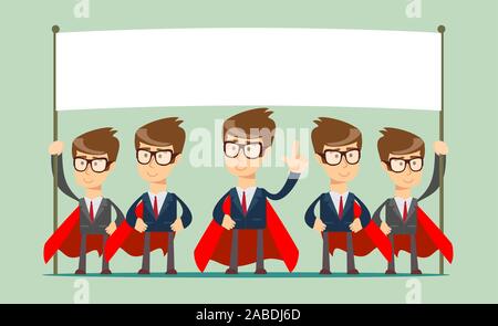 Team of happy business people holding blank board. Business presentation or announcement Stock Vector