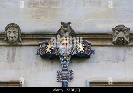 Painted head of a lead drainpipe for rainwater with the arms of Charles 1st of England on it in the Canterbury Quadrangle in St John’s college Oxford Stock Photo