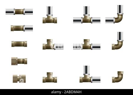 Fittings for polypropylene pipeline. Vector illustration. Set of tee, angle and connector. Stock Vector