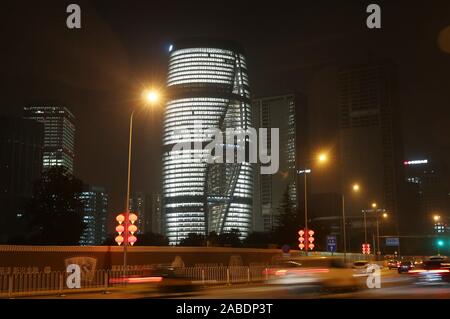 Leeza SOHO, a skyscraper designed by late Zaha Hadid, lights up for test in Lize Financial Business District in Beijing, China, 22 October 2019. *** L Stock Photo