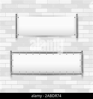 Empty white vinyl banners with grommets hanging on a rigid metal frame. Horizontal blank advertising banners on a white brick wall. Vector illustratio Stock Vector
