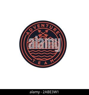 Vintage landscape with mountain peaks end graphic elements with  crossed arrows. Adventure team. Line design Stock Vector