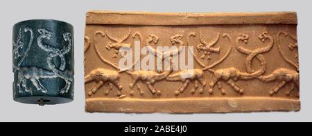 6513. Cylinder seal and impression depicting a double headed monster, Mesopotamia, Uruk dating 4100-3000 BC. Stock Photo