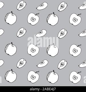 seamless pattern - whole apples sketch and apple slices on a gray background. Stock Vector