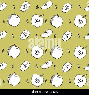 seamless pattern - whole apples sketch, apple seeds and apple slices on a yellow background background. vector graphics Stock Vector