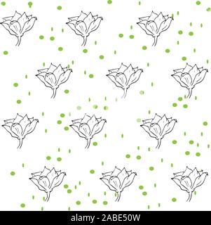 seamless background - sketch black leaves, flowers and flower buds on a white background with green specks. vector graphics, Stock Vector