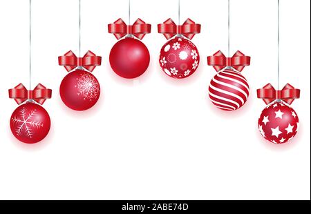 Set of vector red glass merry christmas balls decorated different ornaments isolated on white background. Useful concept for illustration happy new ye Stock Vector