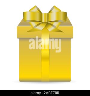 Alone vector golden shiny box for presents decorated with glossy bow isolated on white background. Realistic illustration. Concept for holidays. Stock Vector