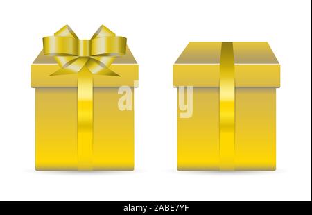 Two vector golden shine boxes for presents decoraned with bow and ribbon. Realistic illustration. Concept for happy new year. Stock Vector