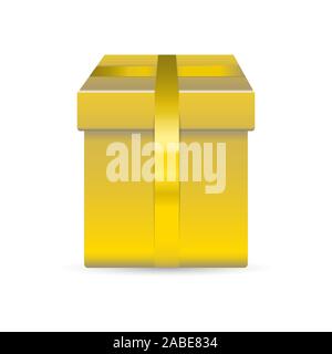 Alone vector golden box for gift with yellow ribbon isolated on white background. Realistic illustration. Concept for holidays. Stock Vector