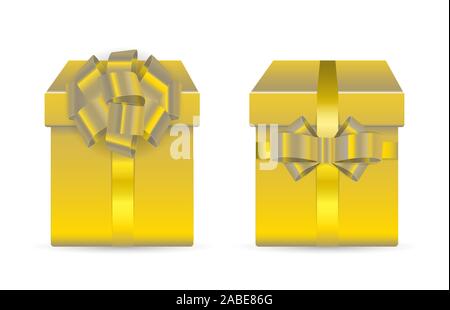 Two vector golden boxes for gifts decoraned with glossy bows. Realistic illustration. Concept for happy bithday. Stock Vector