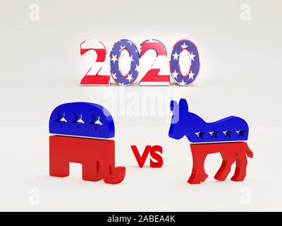 Republican and Democratic Party symbols with 2020 year - concept for USA Elections - 3d rendering Stock Photo
