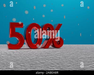 red 50 fifty percent sign in a winter setting with snow and snowflakes falling and blue background - 3d rendering Stock Photo