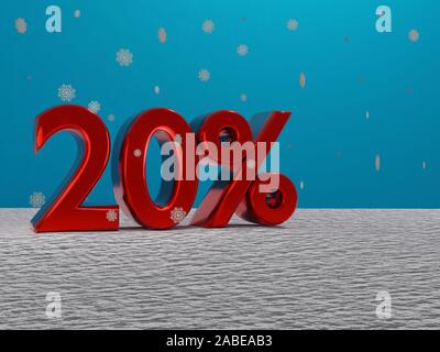 red 20 twenty percent sign in a winter setting with snow and snowflakes falling and blue background - 3d rendering Stock Photo