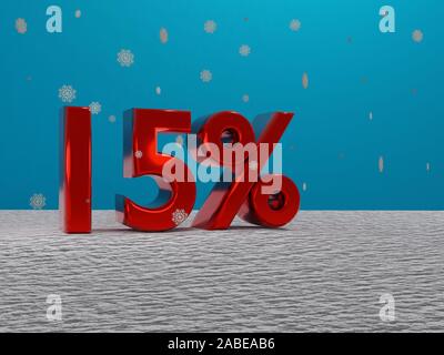 red 15 fifteen percent sign in a winter setting with snow and snowflakes falling and blue background - 3d rendering Stock Photo
