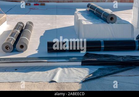 stratigraphy of the materials to waterproof a terrace in a new building with the following products: 4 mm PVC, polystyrene, non-woven fabric and 2 mm Stock Photo