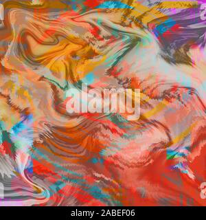 Marble ink colors. Colorful abstract background. Golden orange & teal mixed acrylic paints. Marbled sheet. Contemporary arts. Dancing paints on paper. Stock Photo