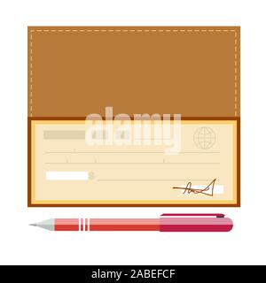 Cheque vector illustration. Cheque icon in flat style. Cheque book on colored background. Bank check with pen. Stock Vector