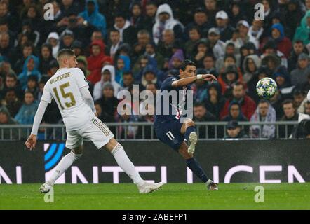 Angel Di Maria of PSG seen in action during the UEFA Champions League match, between Real Madrid and Paris Saint Germain at Santiago Bernabeu Stadium in Madrid.(Final score; Real Madrid 2:2 Paris Saint Germain) Stock Photo