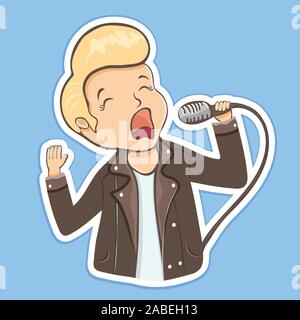 Guy sing into the microphone sticker, cartoon character, hand drawing. Boy with hair laid in a coc in leather jacket holds a microphone in his hand, i Stock Vector