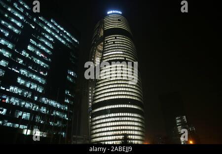 Leeza SOHO, a skyscraper designed by late Zaha Hadid, lights up for test in Lize Financial Business District in Beijing, China, 22 October 2019. *** L Stock Photo