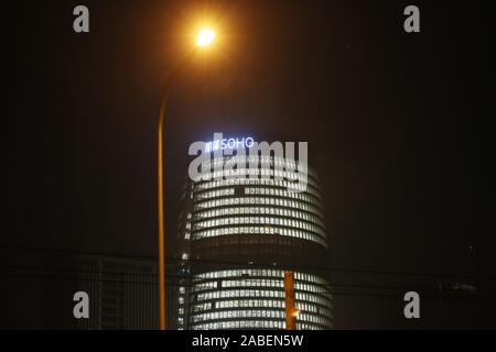 Leeza SOHO, a skyscraper designed by late Zaha Hadid, lights up for test in Lize Financial Business District in Beijing, China, 22 October 2019. *** L Stock Photo