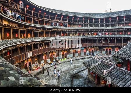 The inside view of inclined pillars and rooms of Yuchang building in Nanjing county, Zhangzhou city, east China's Fujian province, 22 October 2019. Yu Stock Photo