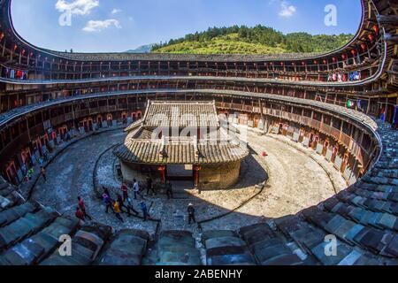 The inside view of inclined pillars and rooms of Yuchang building in Nanjing county, Zhangzhou city, east China's Fujian province, 22 October 2019. Yu Stock Photo