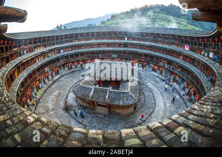 The inside view of inclined pillars and rooms of Yuchang building in Nanjing county, Zhangzhou city, east China's Fujian province, 22 October 2019. Yu Stock Photo